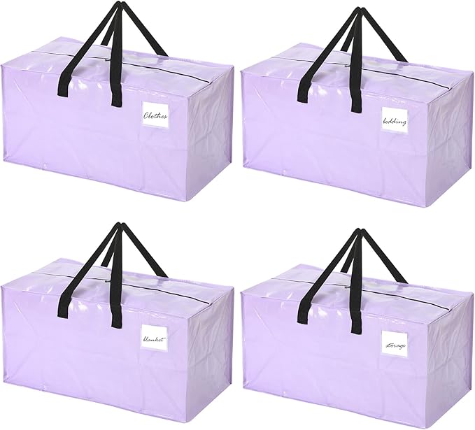 4 Pcs 24 Gallon Extra Large Moving Bags Heavy Duty Storage Bag with Strong Zipper Handle Foldable XXL Jumbo Storage Tote Packing Moving Box for College Dorm Travel Cloth Duffle (Purple)