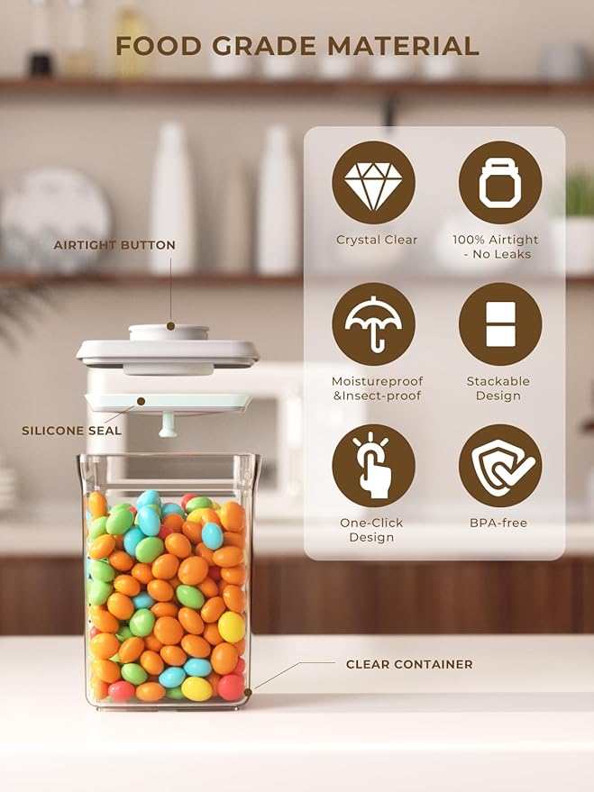 Airtight Food Storage Containers with Lids, Pop Top Containers for Pantry Organization, Air Tight Kitchen Storage Containers for Snacks, Cereal, Flour & Sugar – Set of 2 (2.0Qt & 0.9Qt)