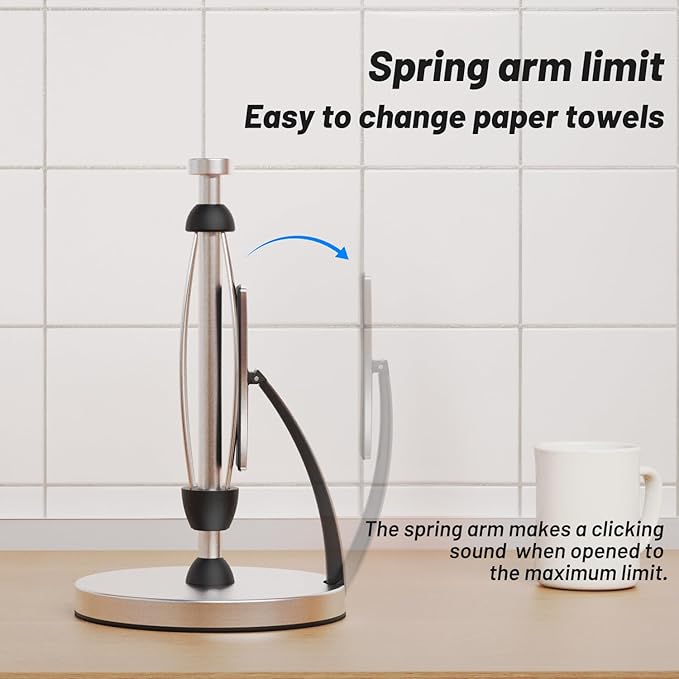 VEHHE Paper Towel Holder Countertop, One-Handed Tear, Stainless Steel, Stand Paper Towel Holder with Spring Activated Arm & Non Slip Weighted Base, for Kitchen Bathroom (Silver)