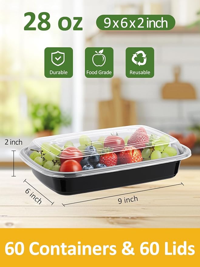 NEEBAKE 60 Sets 28oz Meal Prep Container - Reusable Plastic Food Storage Containers with Lids, Fits Microwave, Freezer and Dishwasher Safe