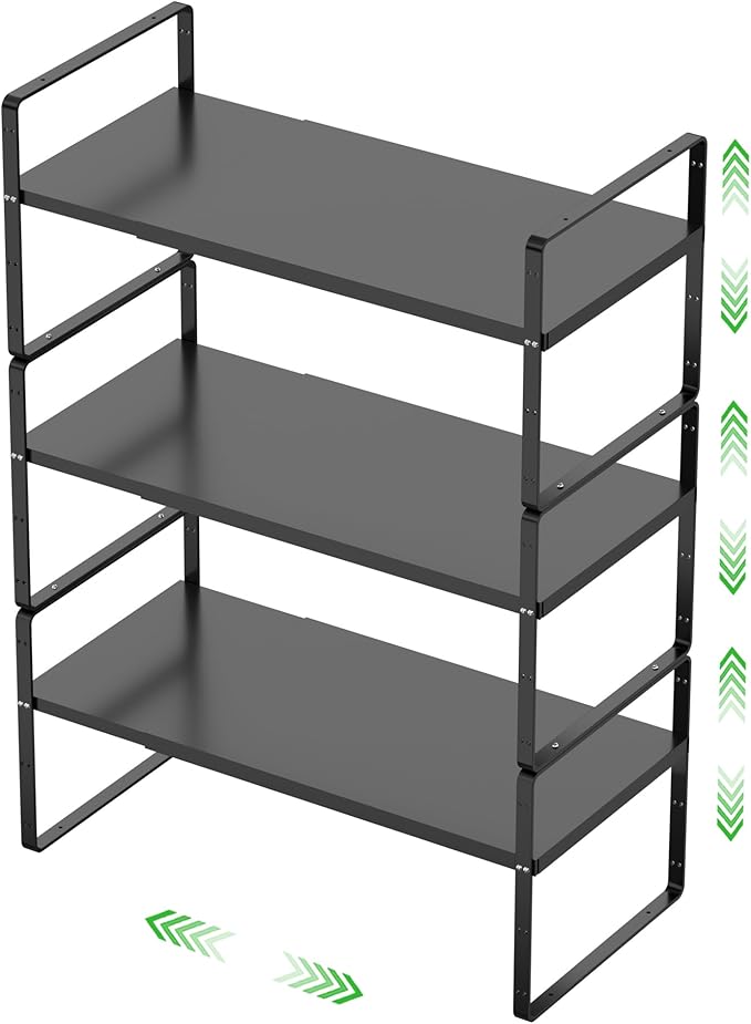 SOFRON Expandable Cabinet Storage Shelf Stackable Organizer Rack for Kitchen Bathroom Pantry Spice Cupboard Countertop Home Office Desk Heavy Duty Nonslip Black Small 3 Pack