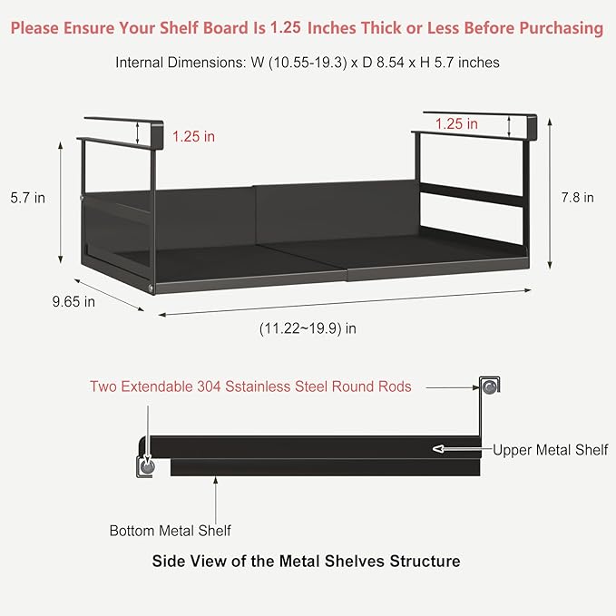 SHINEWON Expandable Under Cabinet Shelf Organizer with 1.25 Inches Thick Clips, Heavy Duty Extendable Under Shelf Storage Basket for Pantry or Laundry Room, Black, 2 Pack, Interior: 5.7" H x 8.54" D