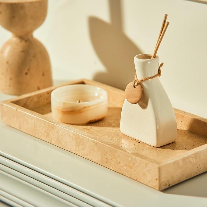 PHINILUX Italian 100% Marble Vanity Tray (12x6in), Counter Organizer for Bathroom, Kitchen, Dresser, Coffee Table, Serving & Decorative (Beige Travertine)