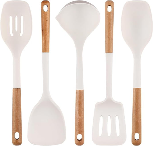 IOCBYHZ Silicone Cooking Utensils Set 5 Pcs Large Non-Stick Kitchen Utensils Set, Wooden Handle Heat Resistance Turner Soup Ladle Spoon Silicone Cooking Kitchen Gadgets BPA Free for Nonstick Cookware