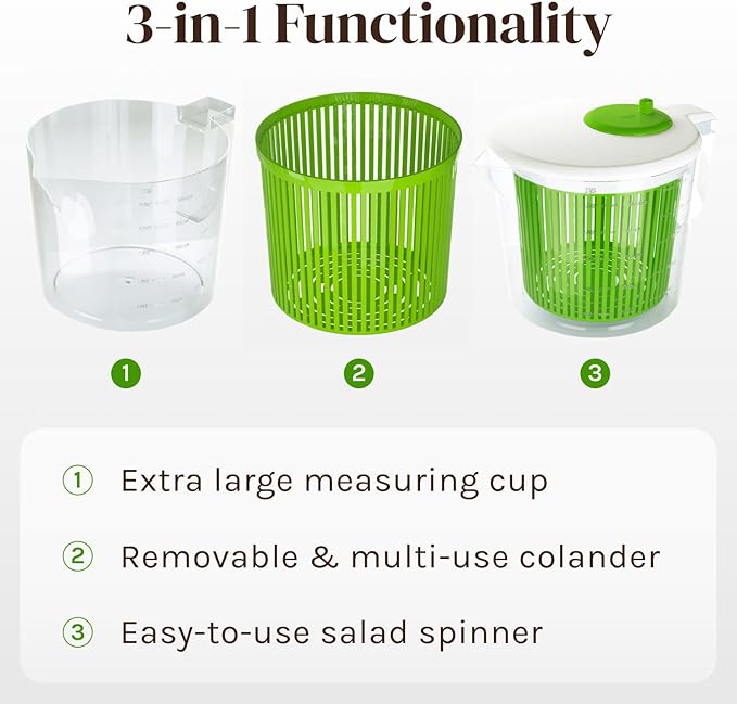 Cooler Kitchen Small Salad Spinner, Mini Salad Spinner and Dryer With Measuring Cup Bowl, Best Lettuce Spinners Single Serve, Colander with Spinner, Vegetable Washing Basket, Fruit Washer and Strainer