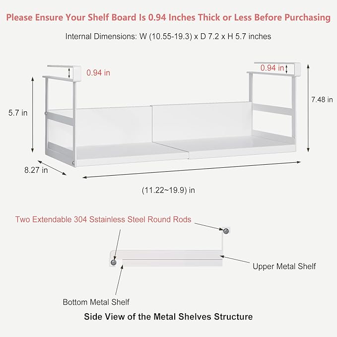 SHINEWON Expandable Under Cabinet Shelf Organizer with 0.94-Inch Thick Clips, Heavy Duty Extendable Under Shelf Storage Basket for Pantry or Laundry Room, White, 1 Pack, Interior: 5.7" H x 7.2" D