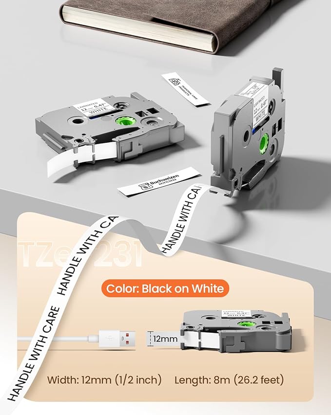 Replacement for Brother P Touch Label Tape TZe-231 TZe231 TZe TZ 12mm 0.47 Laminated White Label Maker Tape for Brother PT-D210, PT-D220, PT-H110, PT-D400, PT-D410, PT-D600, 12mm x 8m, 4-Pack
