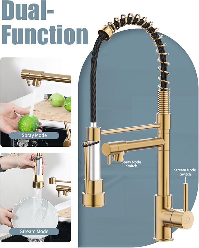 Kitchen Faucets with Pull Down Sprayer, Brushed Gold Faucet for Kitchen Sink with Dual Function Spray Head, Commercial Spring Single Hole Kitchen Sink Faucet with Dual Function Spray Head