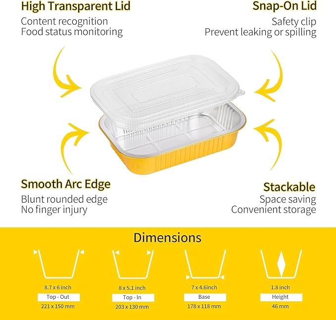 40 Pack 2.25lb 8.7"×6"×1.8" Gold Aluminum Foil Pans with Lids Heavy Duty, Foil Food Containers with Lids, Disposable Tin Foil Pans for Meal Prep, Freezer, Heating and Takeout