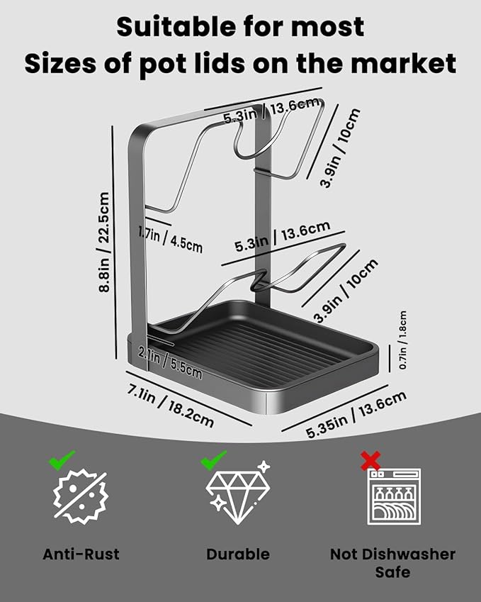 IENG Pot Lid Organizer Holder Kitchen Storage Rack While Cooking Inside Cabinet Pan Cover Countertop with Double U-Shaped Slots over the Stove Spoon and Rest for Cutting Board Stand Drip Tray