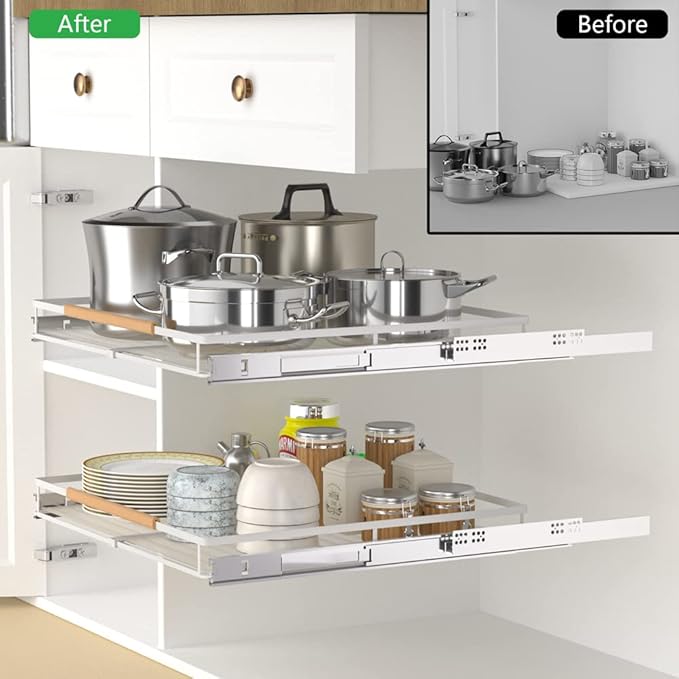 MIYUPTC Expandable Sliding Basket Drawer, Pull-Out Cabinet Organizer, Heavy Duty Slide Out Pantry Shelves for Kitchen, Under Sink, Bathroom, Wardrobe, 22''D