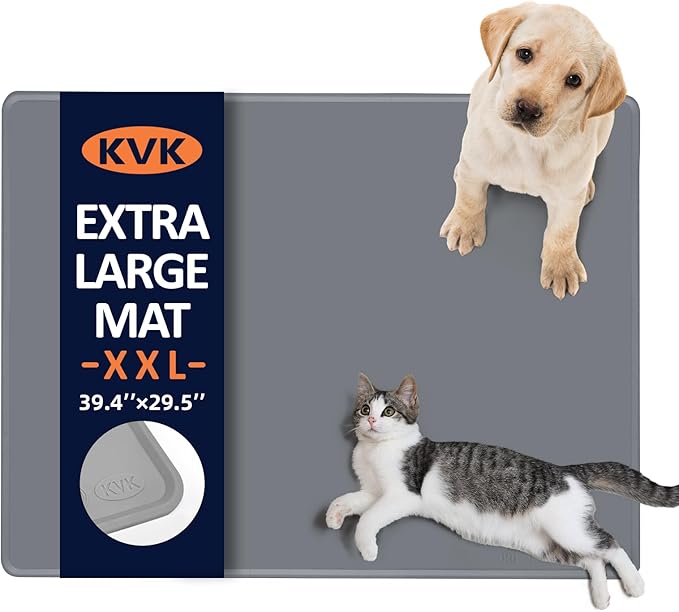 KVK Dog Food Mat, 39.4×29.5in Extra Large Silicone Pet Feeding Mat - Waterproof, Non - Slip, Chew - Resistant for Food & Water, Protect Floors (Light Gray)