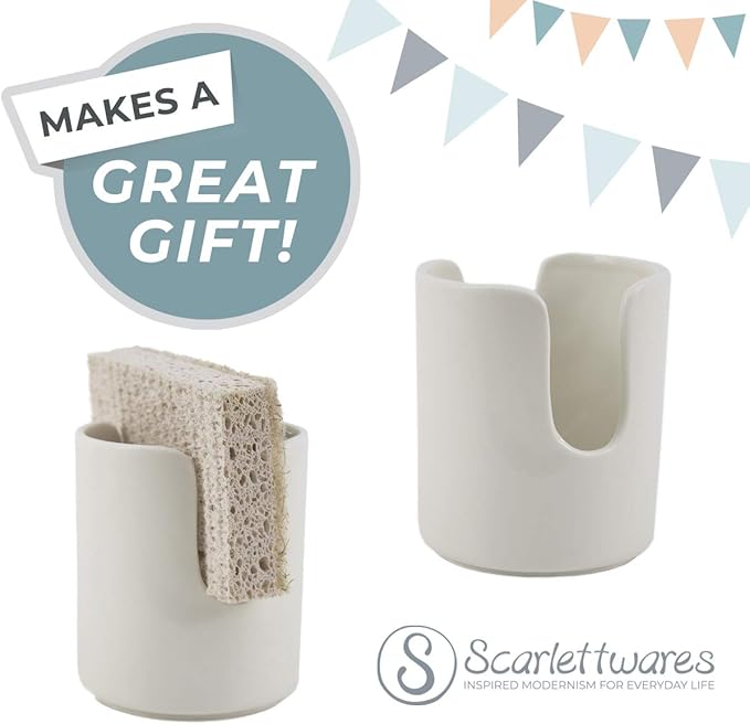 Ceramic Dish Sponge Holder for Kitchen Sink Dishwasher Safe Farmhouse Elegant Cute Sturdy