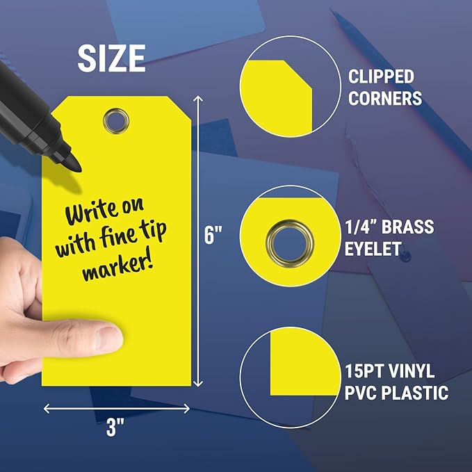 Tags 4 Less 15 Mil Waterproof Plastic Tags, Pack of 100 – 3” x 6” Heavy Duty Plastic Tags for Labeling, Outdoor Tagging, Equipment Labeling, Luggage, Valves & More (Yellow)