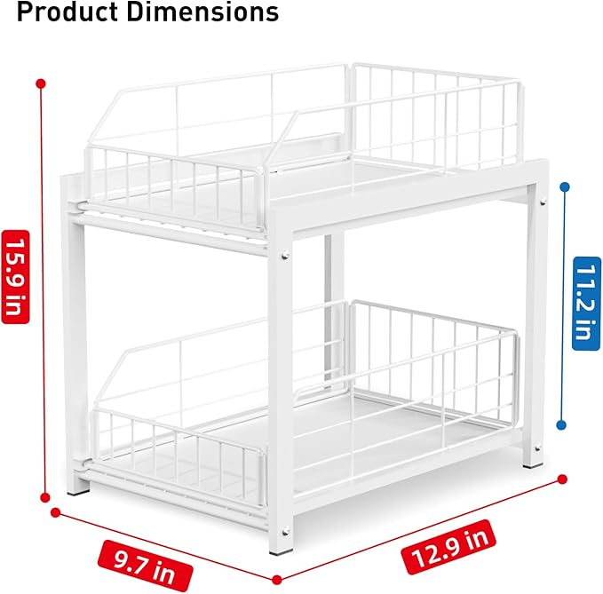 Lxmons 2 Tier Sliding Basket Drawer Organizer, Pull Out Under Sink Cabinets Organizers, Metal Home Shelf for Bathroom or Kitchen, Sliding Countertop or Pantry Storage Shelf, White