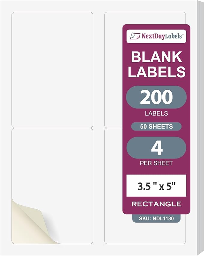 NextDayLabels 3.5x5 Inch Rectangle Stickers White Blank Labels for Laser Inkjet Printer - 4 Per Sheet Self-Adhesive Shipping Address Mailing Made in USA - 200 Labels