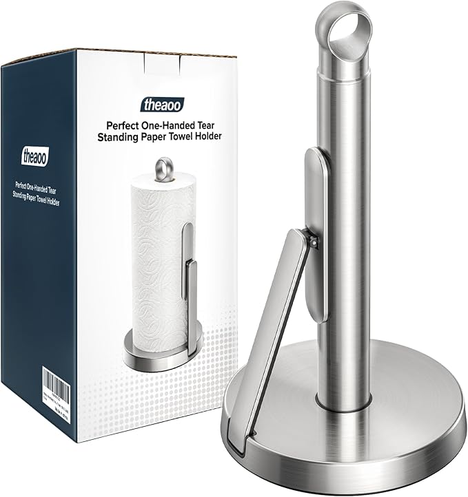 theaoo Heavy-Duty Stainless Steel Paper Towel Holder with Tension Arm – Easy One-Handed Tear, Modern Standing Countertop Dispenser for Kitchen, Holds All Paper Towel Rolls (1, Silver)