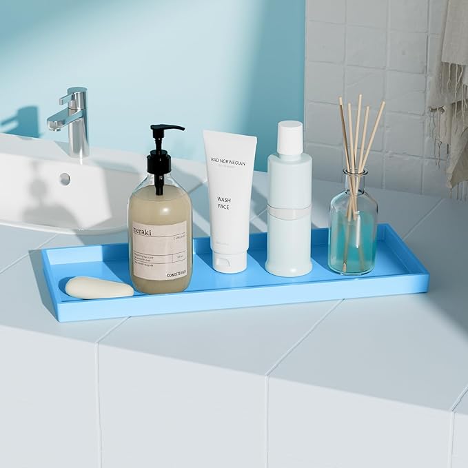 Mriluvy Vanity and Bathroom Tray, 15" ABS Countertop Organizer,Waterproof Vanity Tray for Toilet Tank,Perfume,Soap,Keys,Bathroom Accessories,Kitchen and Bath Trays,Non Slip Small Trays,Blue