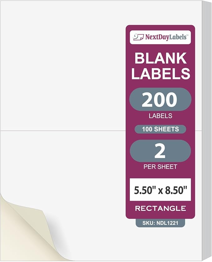 NextDayLabels 8.5x5.5 Half Sheet Stickers White Blank Labels for Laser Inkjet Printer - 2 Per Page Self-Adhesive Shipping Packaging Product Made in USA - 200 Labels