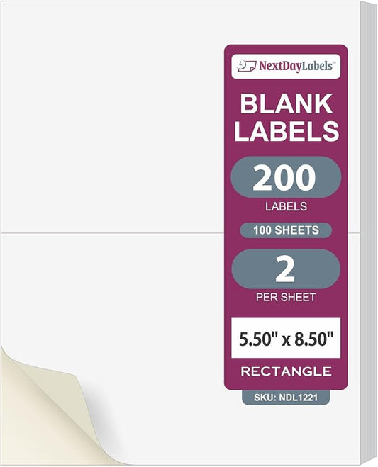 NextDayLabels 8.5x5.5 Half Sheet Stickers White Blank Labels for Laser Inkjet Printer - 2 Per Page Self-Adhesive Shipping Packaging Product Made in USA - 200 Labels
