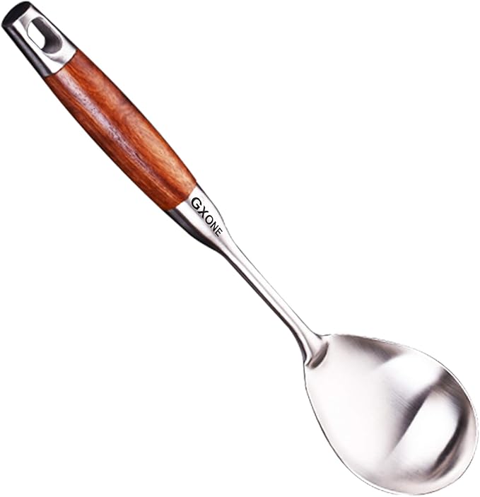 GXONE Large Serving Spoons,304 Stainless Steel Cooking Spoon with Heat Resistant Wooden Handle,Silver/12.4Inch