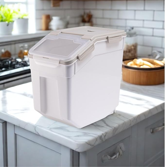 50 lb Flour Storage Container, 2 Pack Rice Storage Container with Measuring Cup/Wheels Seal Locking Lid for Flour, Rice, Grain, Cereal, Dry Food Dispenser Organizer Storage Bin (Grey)