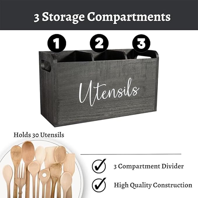 Black Kitchen Utensil Holder for Countertop – Large 3-Compartment Wooden Organizer & Caddy with Drain Holes, Farmhouse Kitchen Counter Utensil Holder, Rustic Wood Storage for Spoons, Spatulas & Tools