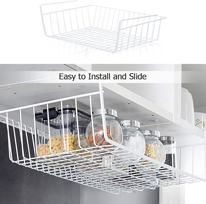 4 Pack Under Shelf Basket, Dveda Durable Metal Wire Rack Hanging Shelf Storage Basket, Under Cabinet Organizer Shelf for Kitchen/Pantry/Bathroom/Desk - Slide Arms Height:1.45 in(White)