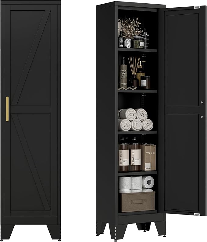 LCAOPC 67" Tall Narrow Bathroom Metal Storage Cabinet with 4 Adjustable Shelves, Freestanding 5 Tier Slim Pantry Storage Cabinet for Small Space, Black