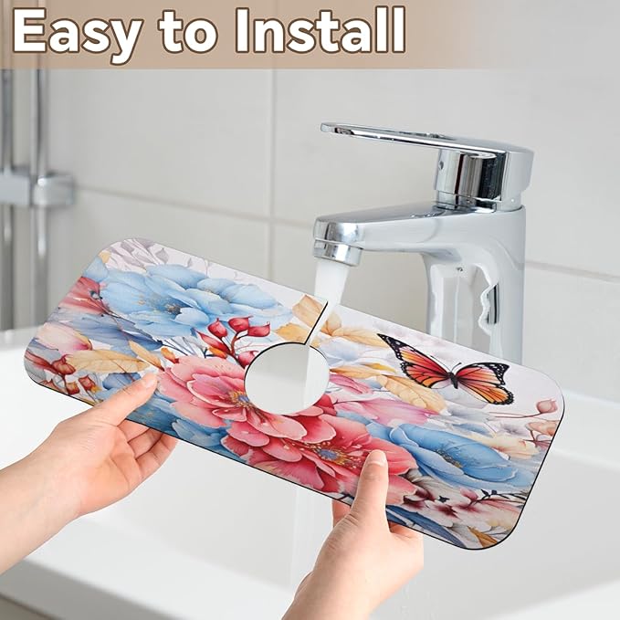 Pastel Flower Fusion Kitchen Faucet Mat Splash Guard, 15.4”x5.7” Absorbent Quick Drying Sink Mat for Countertop Protection, Draining Mat Sink Protectors For Kitchen Bathroom, 1 Pack