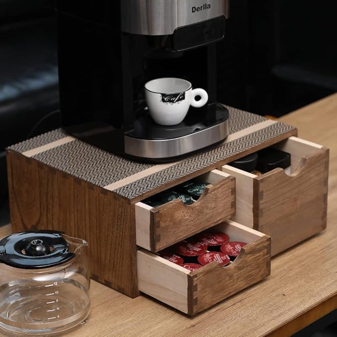 DDYURI Coffee Pods Storage Drawer Holder for Capsules - Multi Functional Desk Organizer Drawers For K cups Coffee Maker Brew - Kitchen Mini Wooden Box Chest Sideboard Counter Organization CF2D3C Dark
