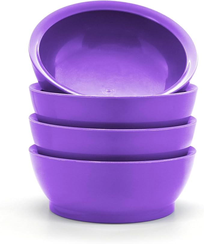 CaliBowl Large Non-Spill Plastic Bowl Set - 28oz Reusable Kitchen Bowls with Concave Inner Lip and Non-Slip Base - For Cereal, Soups, Mixing and Serving - Set of 4 - Sunset Purple