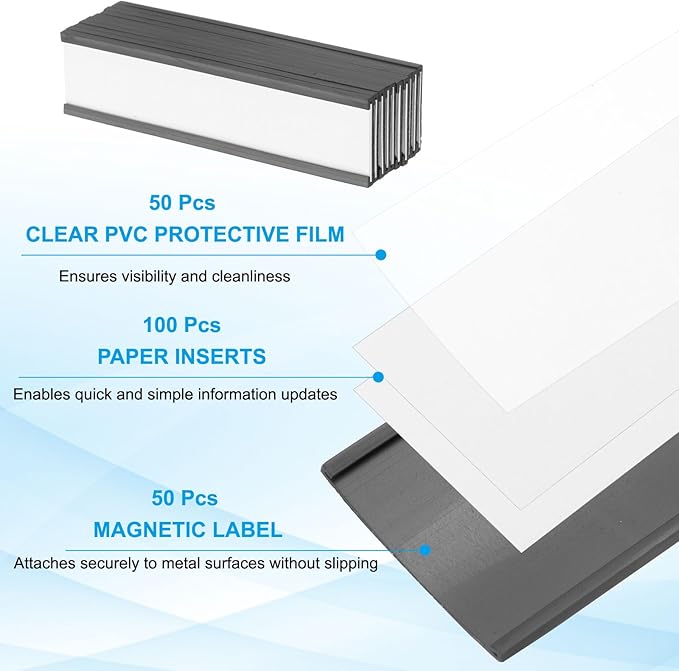 PATIKIL Magnetic Label Holder 4" x 1" with Paper Inserts, 50 Pcs C Channel Magnetic File Cabinet Labels Shelf Data Card Holder Signs for Metal Racks Shelves Whiteboard Tool Box