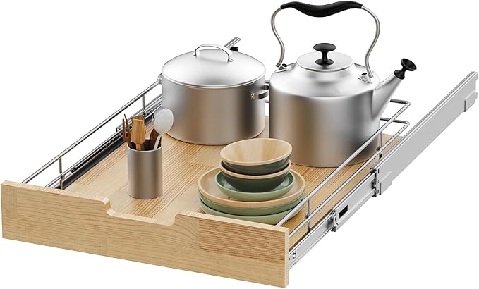 Sikarou Pull Out Cabinet Organizer,Heavy-Duty Slide Out Shelf, Wood And Wire Basket, Pull Out Drawer for for Kitchen Under Sink Space, Pantry, Bathroom (17 * 21 WM)