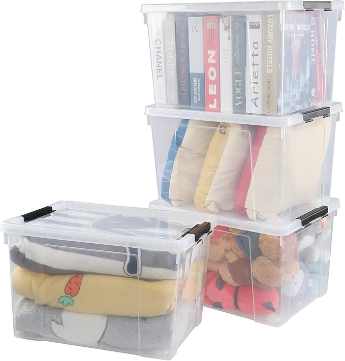 Obstnny 50 Quart Clear Latching Container Bin, 4 Pack Plastic Storage Bin with Wheels