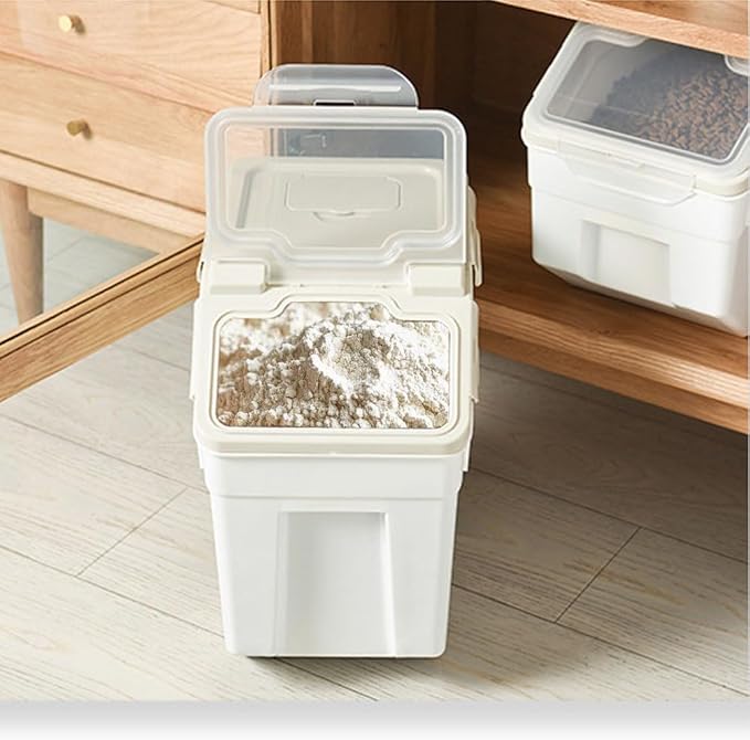 YXQ 25LB Large Flour Storage Container Bin ,2 Pack Airtight Plastic with Wheels Seal Locking Lid Dispenser Organizer Storage Bin with Measuring Cup & Scoop for Flour, Rice, Grain 50LBS Total