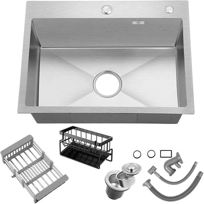 27 Inch Kitchen Sink Drop in Stainless Steel Top Mount Sink with Brushed Finish, Single Bowl Workstation Sink with Basket Strainer and Kitchen Sink Organizer, 26.8"D x 17.7"W x 8.3"H