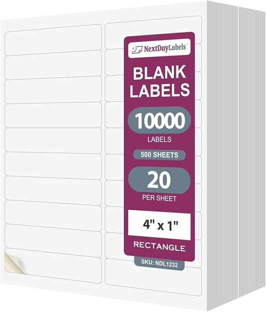 NextDayLabels 4x1 Inch Rectangle Stickers White Blank Labels for Laser Inkjet Printer - 20 Per Sheet Self-Adhesive Return Address Shipping Made in USA - 10,000 Labels