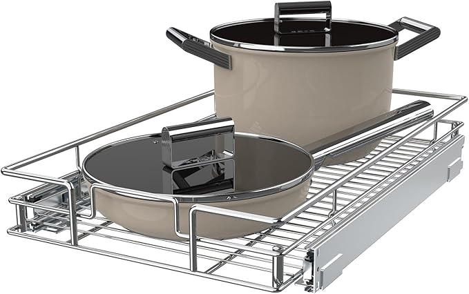 Pulloutor Pull Out Cabinet Organizer, 17" W x 21" D Slide Out Kitchen Cabinet Storage Shelf and Drawer Organizer NEED 18" W and 22" D Cabinet, Chrome Finish