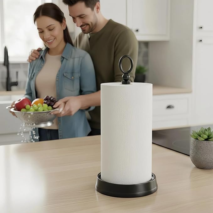 KASUNTO Paper Towel Holder (with Heavy Weighted Base) Steel Paper Holder countertop，Black Paper Towel Holder for Kitchen Countertops, Bars & Dining Tables,Fits Standard & Jumbo Rolls, Matte Black
