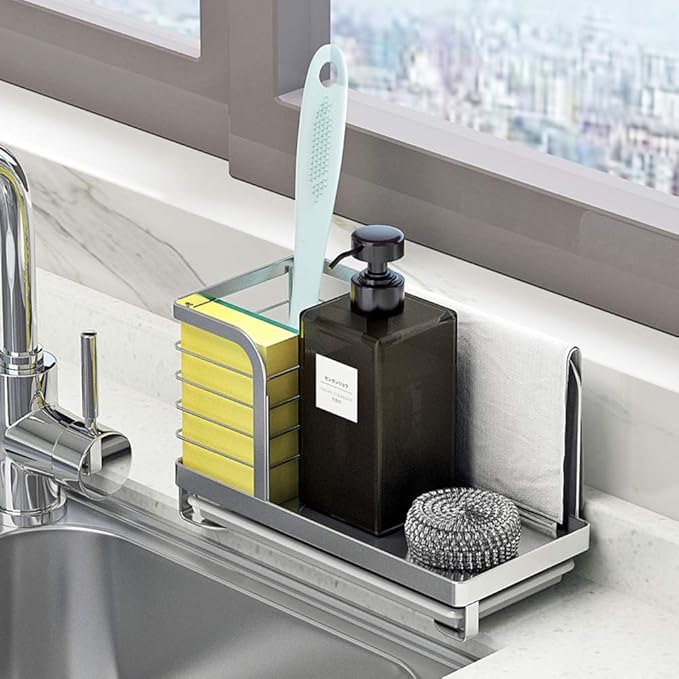 Kitchen Countertop Dish Soap and Dishwashing Brush Holder, SUS 304 Stainless Steel Sponge Organizer, Basket for Cleaning and Scrub Tool, Kitchen Sink Brush Caddy Holder