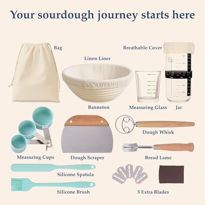 Trigli - 13 Pcs Sourdough Starter Kit with Jar - Sour Dough Starter Kits – Sourdough Bread Baking Supplies Set - Bread Making Tools with Dough Whisk, Scraper, Lame, Spatula, Silicone Brush