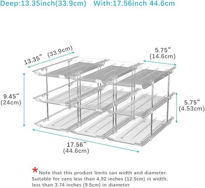 Can Organizer For Pantry, Adjustable Height And Width Canned Goods Organizer, Roller Soup Can Organizer Holds Up to 36 Cans for Kitchen Cabinet or Refrigerator(CLear 3 Tier)