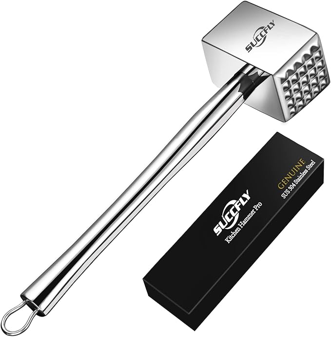 SUCCFLY Meat Tenderizer Stainless Steel, Heavy Duty Meat Hammer, Kitchen Meat Mallet 1.65LB Meat Pounder Flatterner Weighted Hammer Extended Handle for Labor-saving Chicken Steak Meat Tenderizer Tool