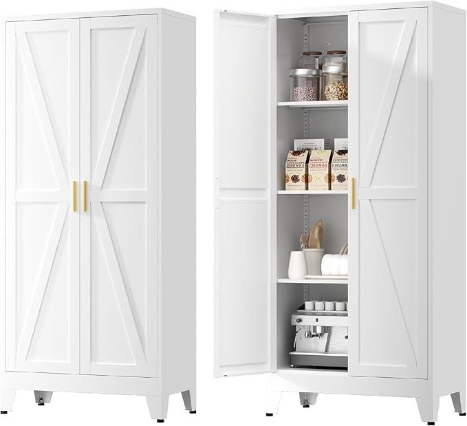 YNIQUESTLE Farmhouse Pantry Cabinet with Barn Doors,61" H x 27.5" W,Metal Cabinet with Adjustable Shelves,4-Tier Storage Cabinet for Kitchen Dining Room Garage,White