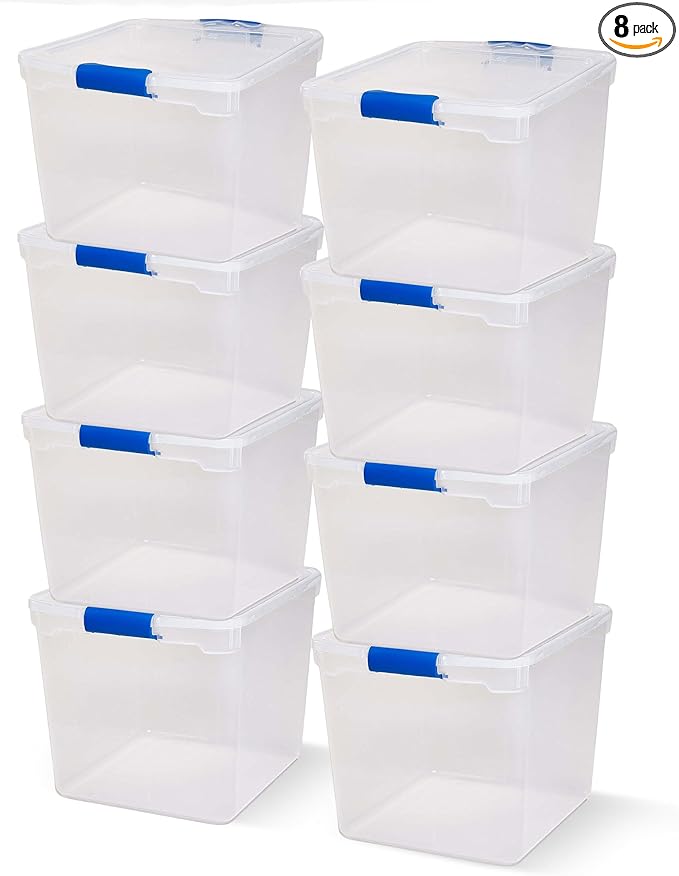 HOMZ 8-Pack Secure Latch, Clear Plastic Storage Organizer Bins, 31 Quart, Blue Latches - Stackable Container Boxes for Bedroom, Bathroom, Garage, and Office Organization