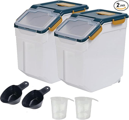 Large Flour Storage Container Bin 25Lb, 2Pack Airtight Rice Storage Containers with Wheels Seal Locking Lid, BPA Free with Measuring Cup&Scoop for Flour, Rice, Grain(Blue)