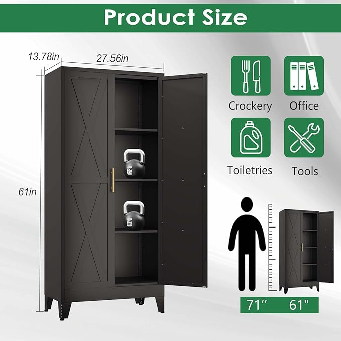 61" Kitchen Pantry Cabinet, Metal Storage Cabinet with 2 Doors and 3 Adjustable Shelves, Black Food Pantry Cupboard for Kitchen, Dining Room, Living Room and Bathroom (Black)