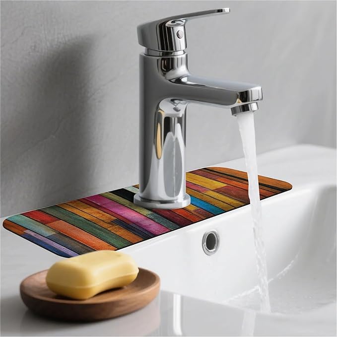 Kitchen Sink Splash Guard，Colorful wood grain Faucet Mat Sink Gadgets-Super Absorbent Fast Drying Mat Drip Catcher for Kitchen, Bathroom,Sink Mat, Dish Drying Mat, Bathroom(15" X 5.5" )