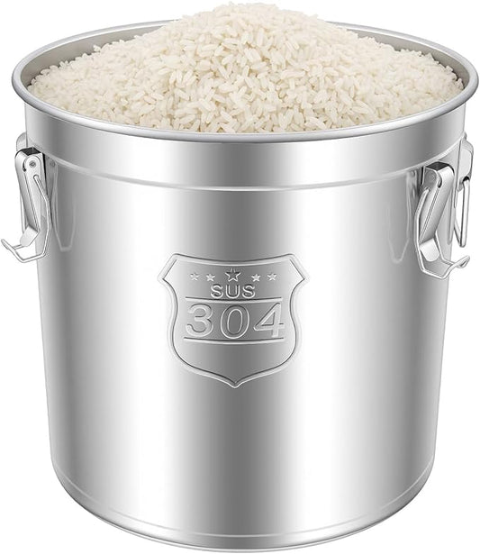 Stainless Steel Airtight Canister for Kitchen, 48L/12.68Gal Metal Food Storage Container Flour Bucket with Lid & Clamps, Bean Rice Canister Holder for Kitchen Restaurant, D15.8*H15.8in